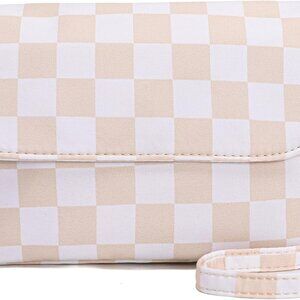 Apricot Checkered Small Crossbody Bag for Women with Adjustable Strap and Multip